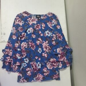 by & by Floral 3/4 Ruffle Sleeve Blouse - Blue and Pink